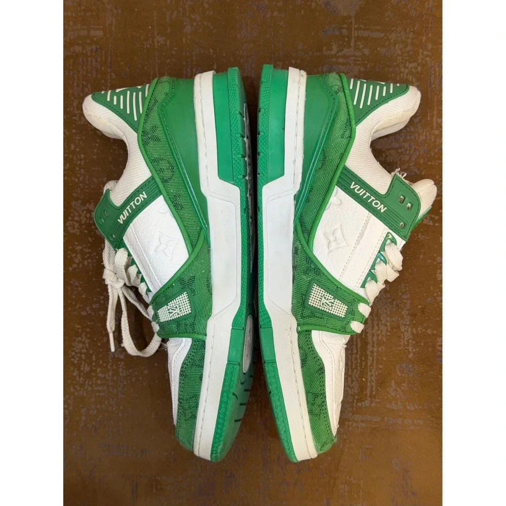 Louis Vuitton Trainer Sneaker Green White Monogram Denim Leather MS0241 Size 44
